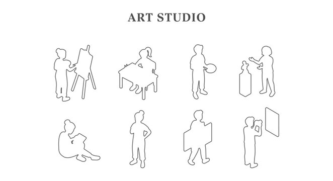 Minimalist isometric line art architectural scale figures of people in art studio drawing painting and sculpting clean vector CAD block drawing symbols