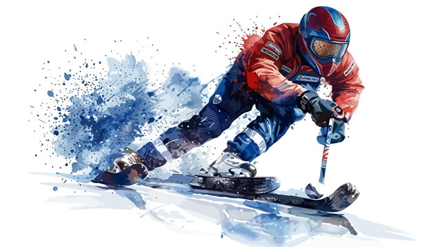 Professional skier in action on snow with colorful splashes