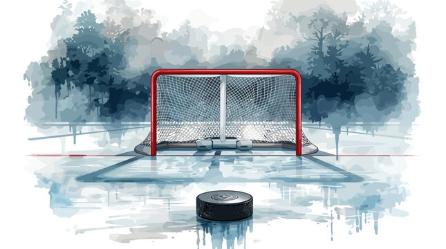 Ice hockey goal with puck on frozen rink outdoors
