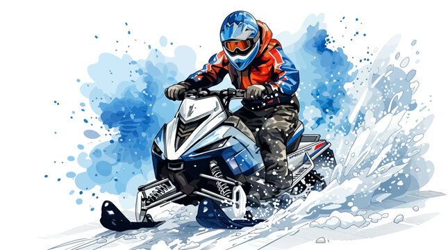 Man riding snowmobile on snowy hill with blue background