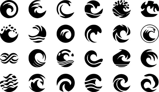 Collection of twenty-four black silhouette wave and water icons in various styles including circular logos, ocean waves, swirls, and ripples, perfect for surf, marine, and aquatic branding or logo 