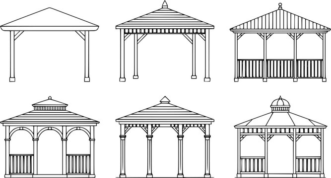 Collection of six detailed outline illustrations featuring various gazebo and pavilion styles including pergolas, rotundas, and garden shelters, perfect for outdoor architecture and landscape design 