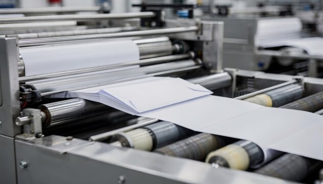 Medium shot of an automated envelope forming machine folding and gluing continuous paper strips into classic white envelopes in a highspeed industrial setting.