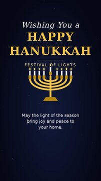 Hanukkah event invitation motion graphics. Glowing gold menorah and floating dreidels on a blue background. Animated festive typography revealing holiday celebration details