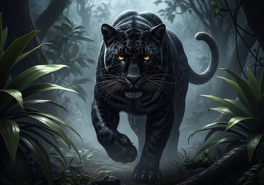 Majestic black panther prowling through lush jungle environment illustration