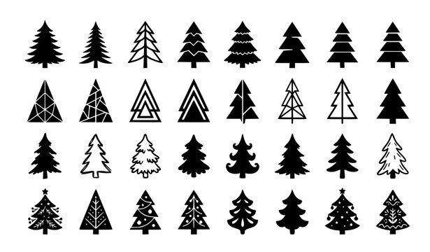 Minimal black winter spruce trees vector illustration set with christmas forest pictogram icons on white background