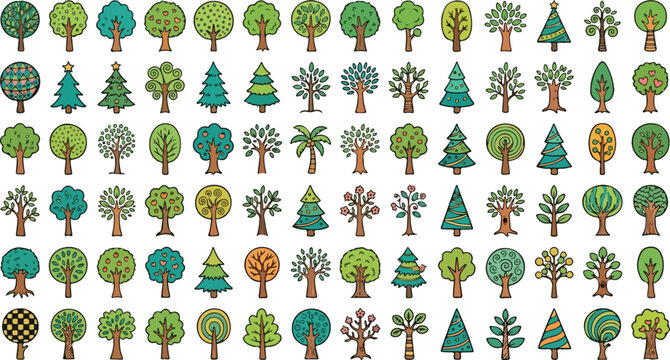 Flat tree icons set, green forest vegetation symbols, 84 nature plant vector elements, ecological environment landscape design assets