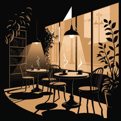 Cozy cafe interior with tables and chairs by window. © Times Graphic