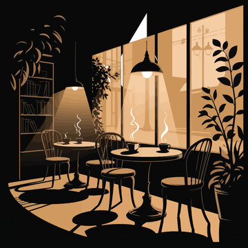 Cozy cafe interior with tables and chairs by window.