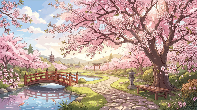 Japanese cherry blossom garden vector illustration, pink sakura trees in bloom with traditional wooden bridge, scenic oriental landscape with pagoda