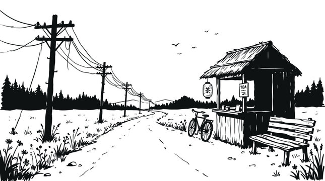 Country road landscape with small tea stall and bicycle near power lines in black and white sketch.
