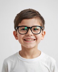 Fototapeta premium Smiling Child With Thick Eyeglasses On White Background