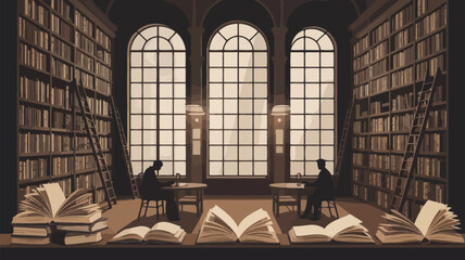 Grand library interior with arched windows, people reading, and tall bookshelves. © Times Graphic