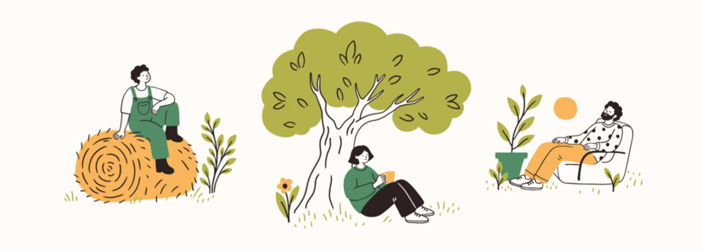 Happy people characters relaxing, sitting on a grass under tree, on a hay stack, in a park or garden. Hand drawn simple contour doodle ink vector illustration. Relax leisure summer, mental health.