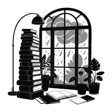 Cozy reading nook with stack of books, lamp and plants by arched window on rainy day.