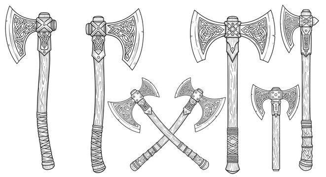 Medieval Battle Axe Collection Featuring Viking Weapons, Fantasy Warrior Axes, Ancient Combat Tools, and Ornamental Vector Illustrations