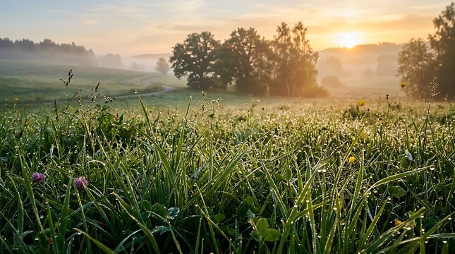 Morning mist hovers over a green summer field and river at sunrise as the sun breaks through rural clouds to light up the countryside landscape