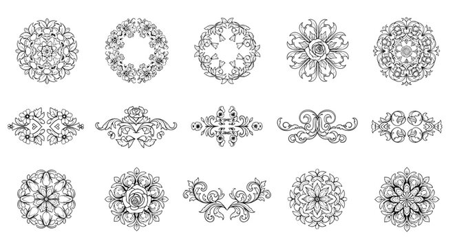 Elegant Mandala Ornament Icon Collection Featuring Floral Patterns, Decorative Arabesque Designs, Circular Lace Motifs, and Vintage Vector Elements