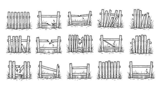 Wooden Fence Icon Collection Featuring Rustic Garden Barriers, Farm Gates, Countryside Boundaries, and Outdoor Landscaping Outline Designs