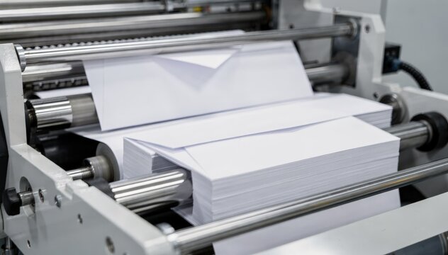 Medium shot of white envelope production in a highspeed folding machine showcasing clean crisp edges and smooth automated processes with consistent speed.