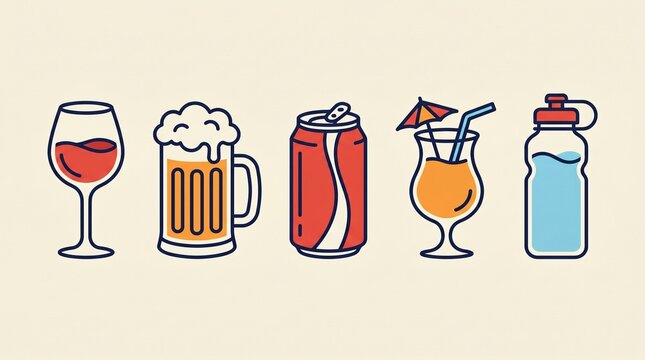 Assorted beverage icons with non alcohol beverage collection cocktail