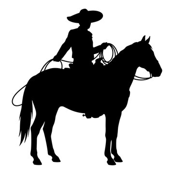 Vector silhouette of a mexican charro horseman holding a rope.