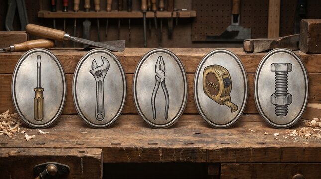 Set of vintage workshop tools and equipment icons with measuring tool, workshop