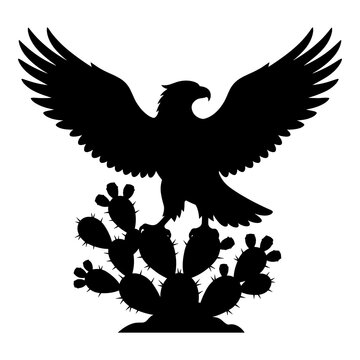 mexican eagle silhouette standing on prickly pear cactus with wings spread.