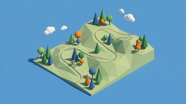 Low poly landscape with a winding road and trees under a clear sky with clouds