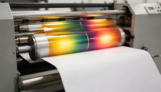 Medium shot of colorful solventless lamination film being laminated onto paper using heated nip rollers emphasizing vivid hues and seamless adhesion in a controlled production