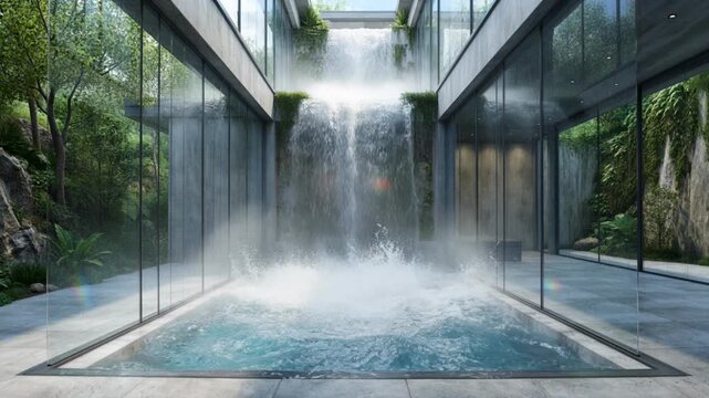Luxury indoor waterfall pool cascading in a modern minimalist spa with glass walls and lush green plants