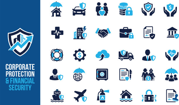 Corporate protection and financial security insurance icons set for business risk management, wealth preservation, property safety, and asset investment liability.