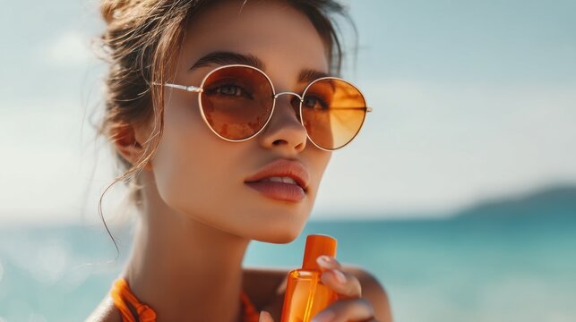 Bright sunlight dances on the shoreline as a woman relaxes at the beach, holding sunblock in her hand, radiating confidence and style. Her oversized sunglasses complement the joyful atmosphere