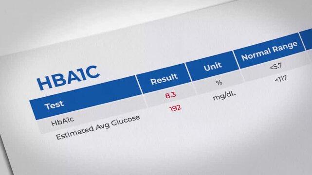 Medical test result sheet showing HbA1c and glucose levels in a clinical setting
