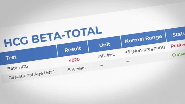 Medical laboratory test result showing HCG Beta-Total levels and analysis in a clinical setting
