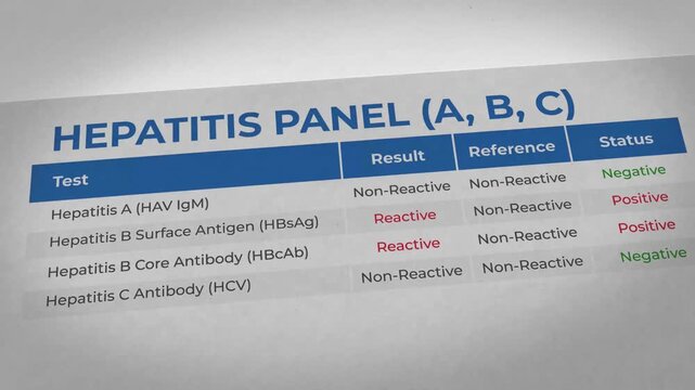 Medical laboratory hepatitis panel test results for hepatitis A B C with diagnostic indicators