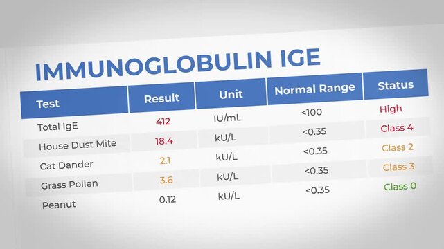 Medical laboratory test result display showing immunoglobulin IgE levels and health status