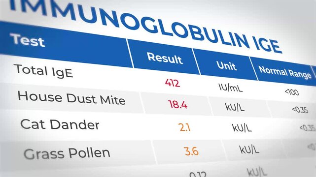 Medical laboratory test result display showing immunoglobulin IgE levels and allergy markers