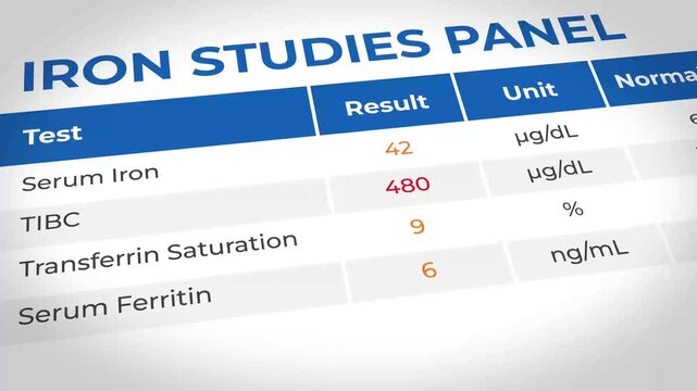 Close-up of medical laboratory iron studies panel showing blood test results and data analysis