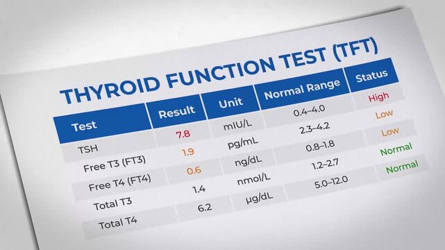 Thyroid Function Test results on a medical chart, nobody, laboratory setting, informative