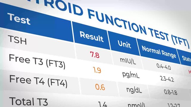 Thyroid Function Test results on a medical chart, TSH and Free T3 levels, nobody, laboratory setting, informative