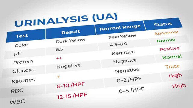 Urinalysis Test Results Table Showing Normal and Abnormal Medical Lab Values