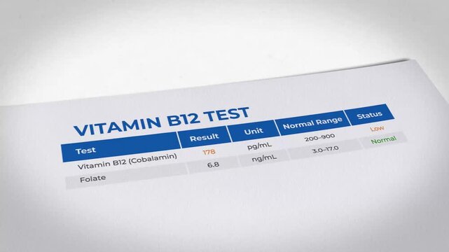 Medical laboratory test result sheet for Vitamin B12 analysis with detailed data and labels