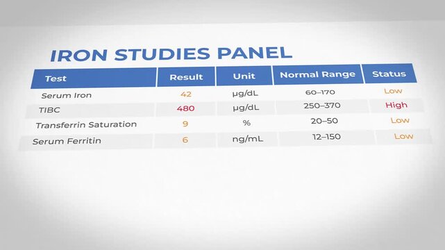 Medical test results on iron studies panel, nobody, laboratory setting, informational