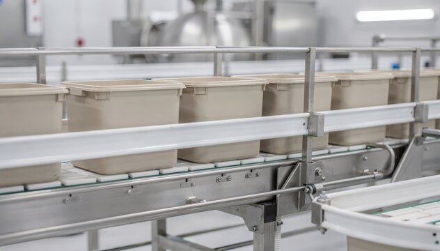 Medium shot of an accumulation zone on a hygienefocused conveyor system where containers pause temporarily during workflow coordination.