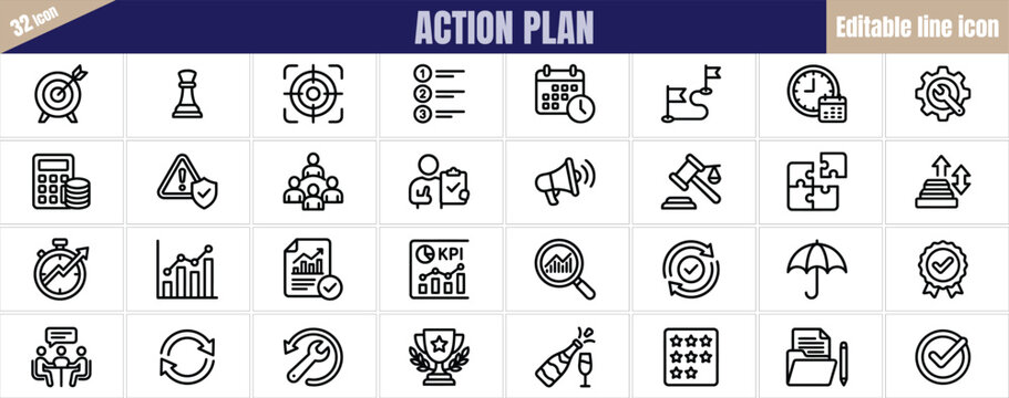 Action plan icons for strategic management goals and business tasks.