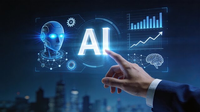 Futuristic artificial intelligence AI concept with robot head and brain network, machine learning data analysis on holographic screen, smart technology innovation for business