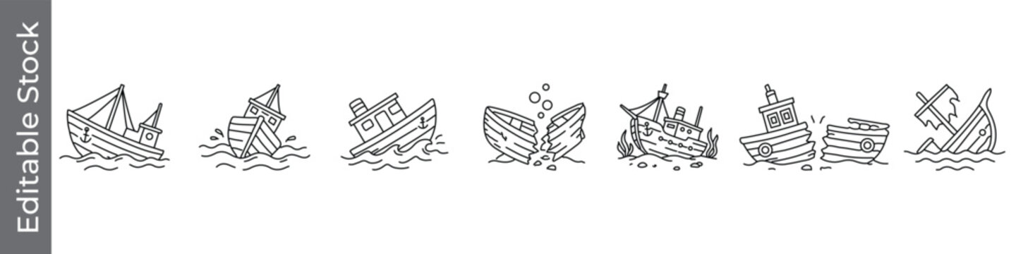 Sinking ship and shipwreck icon set &ndash; editable outline symbols of tilting boat, broken vessel, underwater wreck, ocean disaster and sinking marine elements