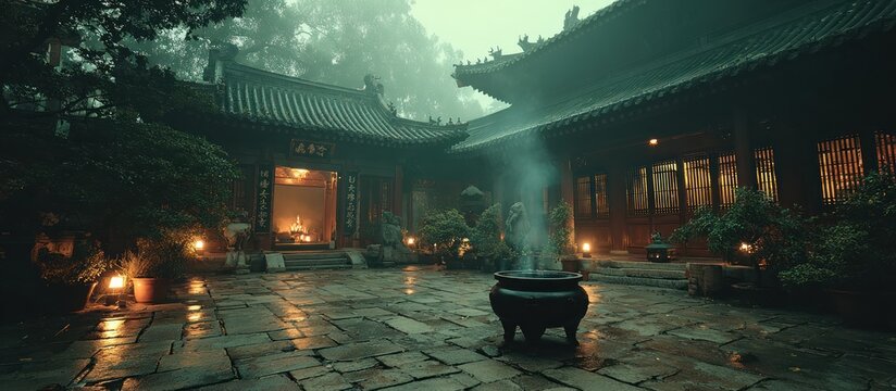 An Asian courtyard temple shrouded in mist with lanterns and a smoking brazier