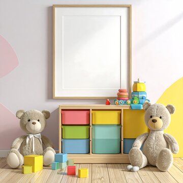 Childs room interior with teddy bears and toys in front of a wall